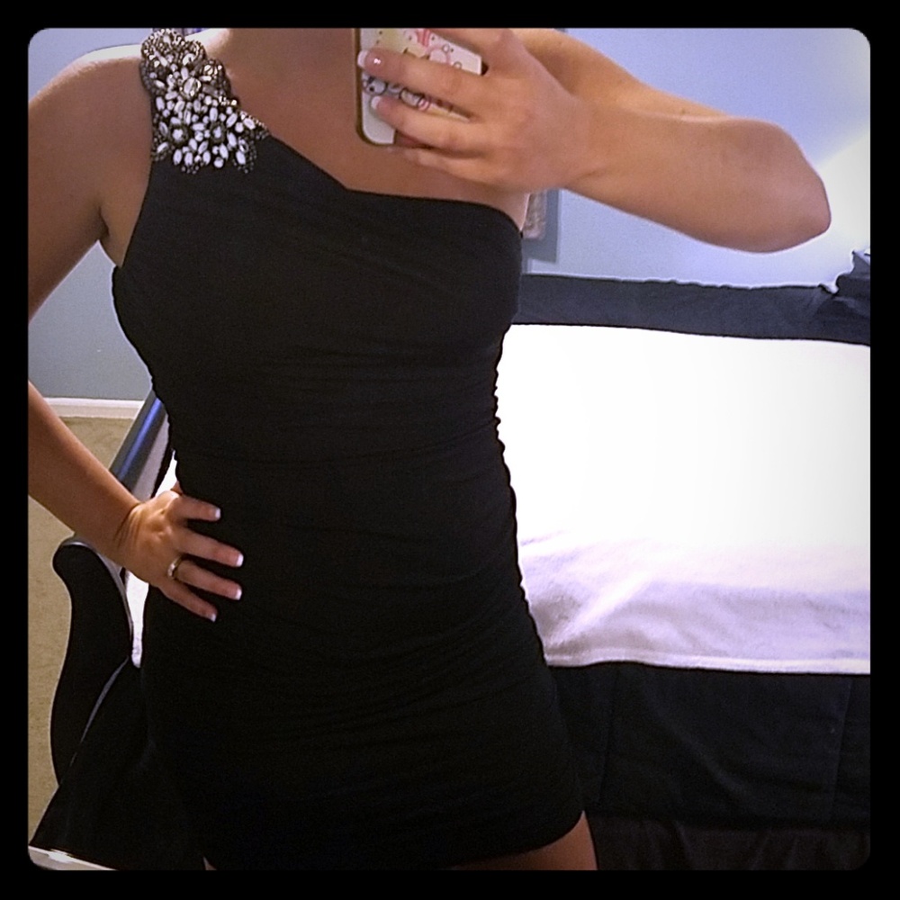 NWOT Deb Black One Shoulder Evening Mini Dress
